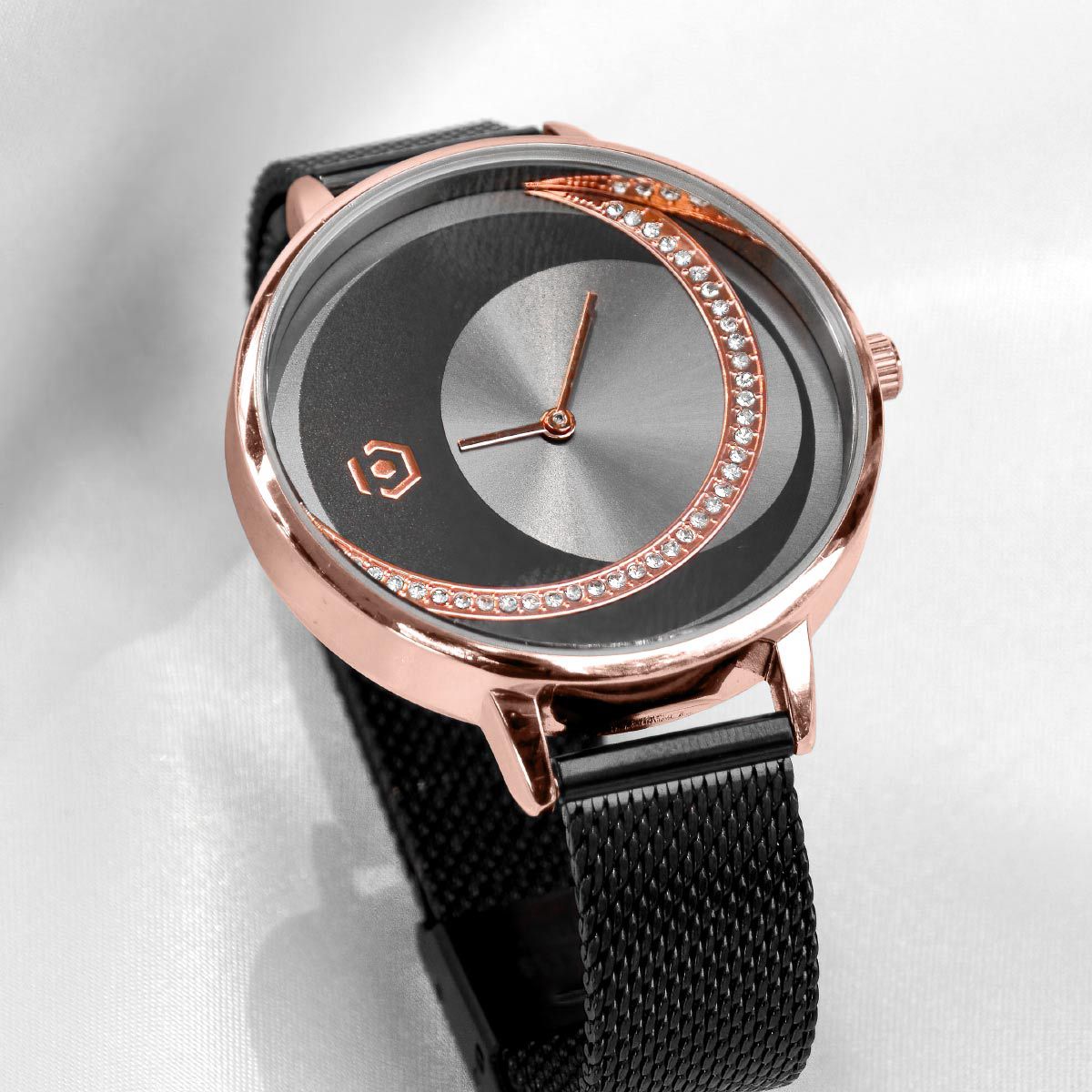 Selene Tri-tone Rose Gold Black Mesh Band Watch