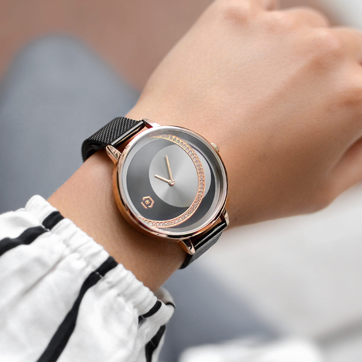 Selene Tri-tone Rose Gold Black Mesh Band Watch