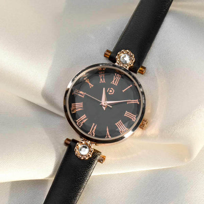 Nyx Rose Gold CZ Accent Black Leatherette Band Watch