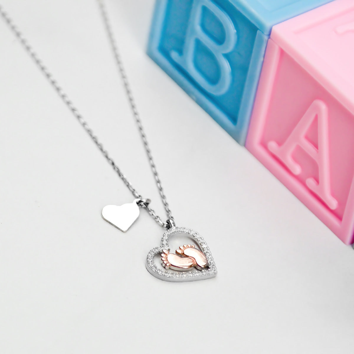MOM Noun - Baby Feet Heart Pendant Necklace Gift Set