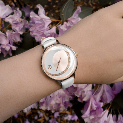 Gaia Tri-Tone Rose Gold White Leatherette Watch