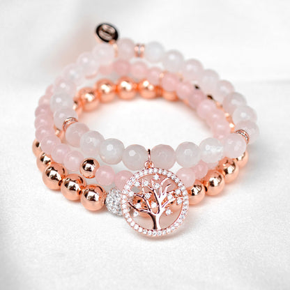 Lovingly Rose Quartz Tree of Life Charm Bracelet Set