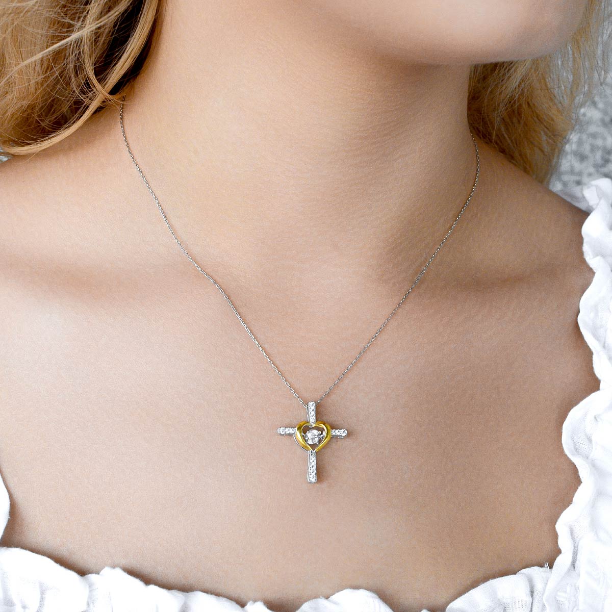 To My Wife, Love is Patient - Dancing Crystal Heart Cross Necklace Gift Set
