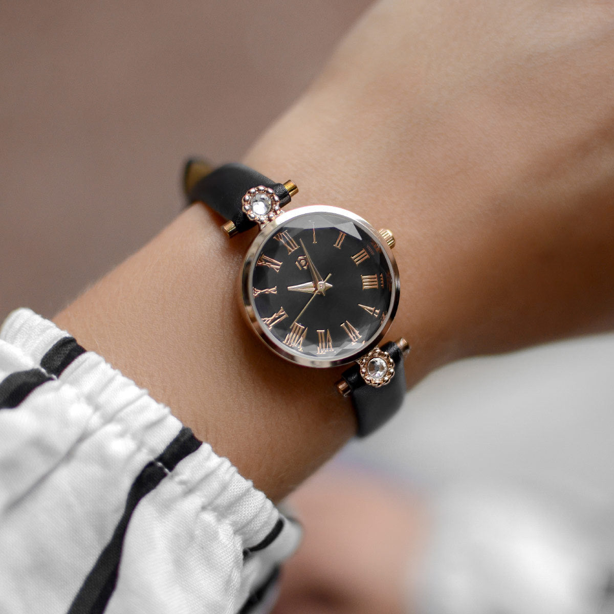 Nyx Rose Gold CZ Accent Black Leatherette Band Watch