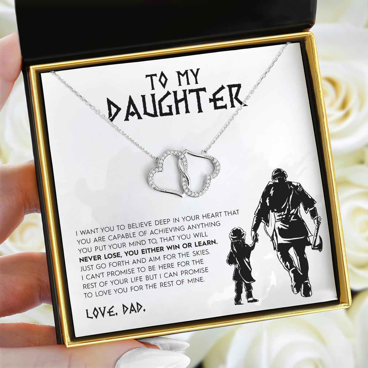 To My Daughter, Love Dad (Gladiator Card) - Joined Hearts Silver Necklace Gift Set