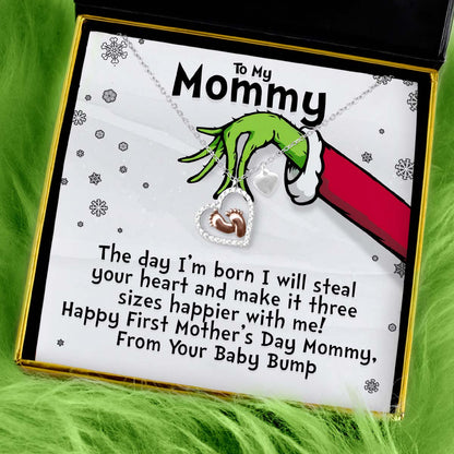 To My Mommy, First Mother’s Day (Green Hand Card) - Baby Feet Heart Necklace Gift Set