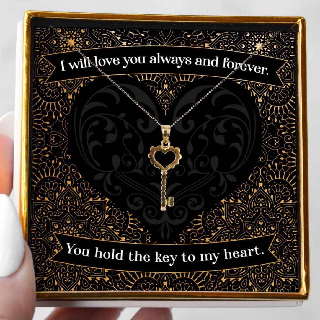 You Hold The Key - Solid Gold Heart Key Necklace Gift Set