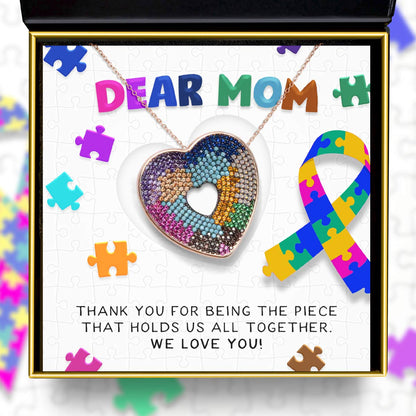 Dear Mom (Puzzle Piece Card) - Multicolor Crystal Heart Necklace Gift Set