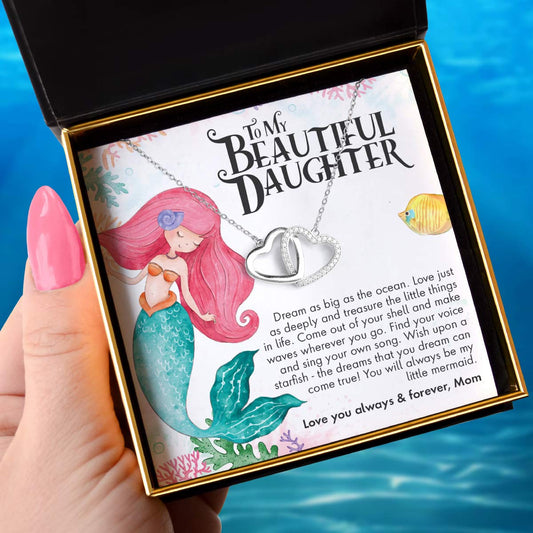 To My Daughter, Little Mermaid - Sterling Silver Joined Hearts Necklace Gift Set