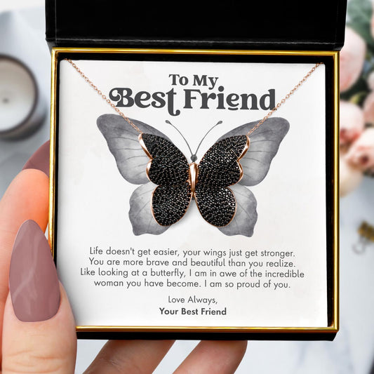 To My Best Friend, Strong Wings - Black Crystal Butterfly Necklace Gift Set