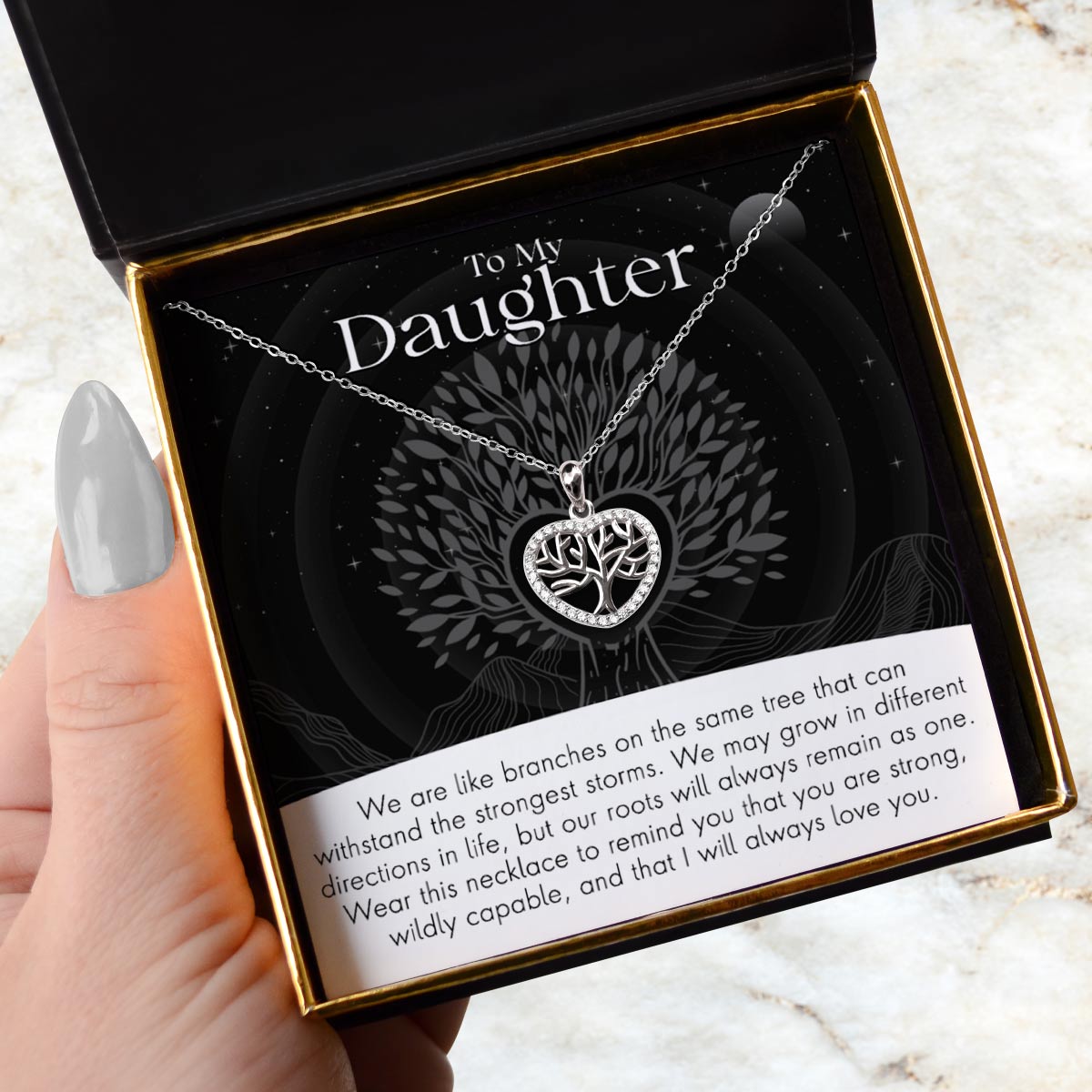 To My Daughter, Strong Roots - Tree of Life Mini Heart Pendant Necklace Gift Set