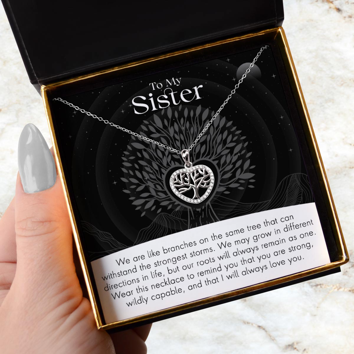 To My Sister, Strong Roots - Tree of Life Mini Heart Pendant Necklace Gift Set
