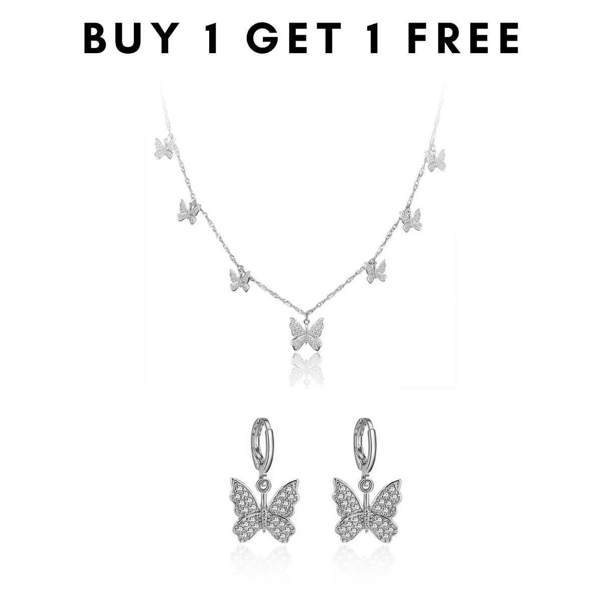 BUY 1 GET 1 FREE - Brilliant Butterfly Silver Choker Necklace + Brilliant Butterfly Silver Mini Hoop Earrings