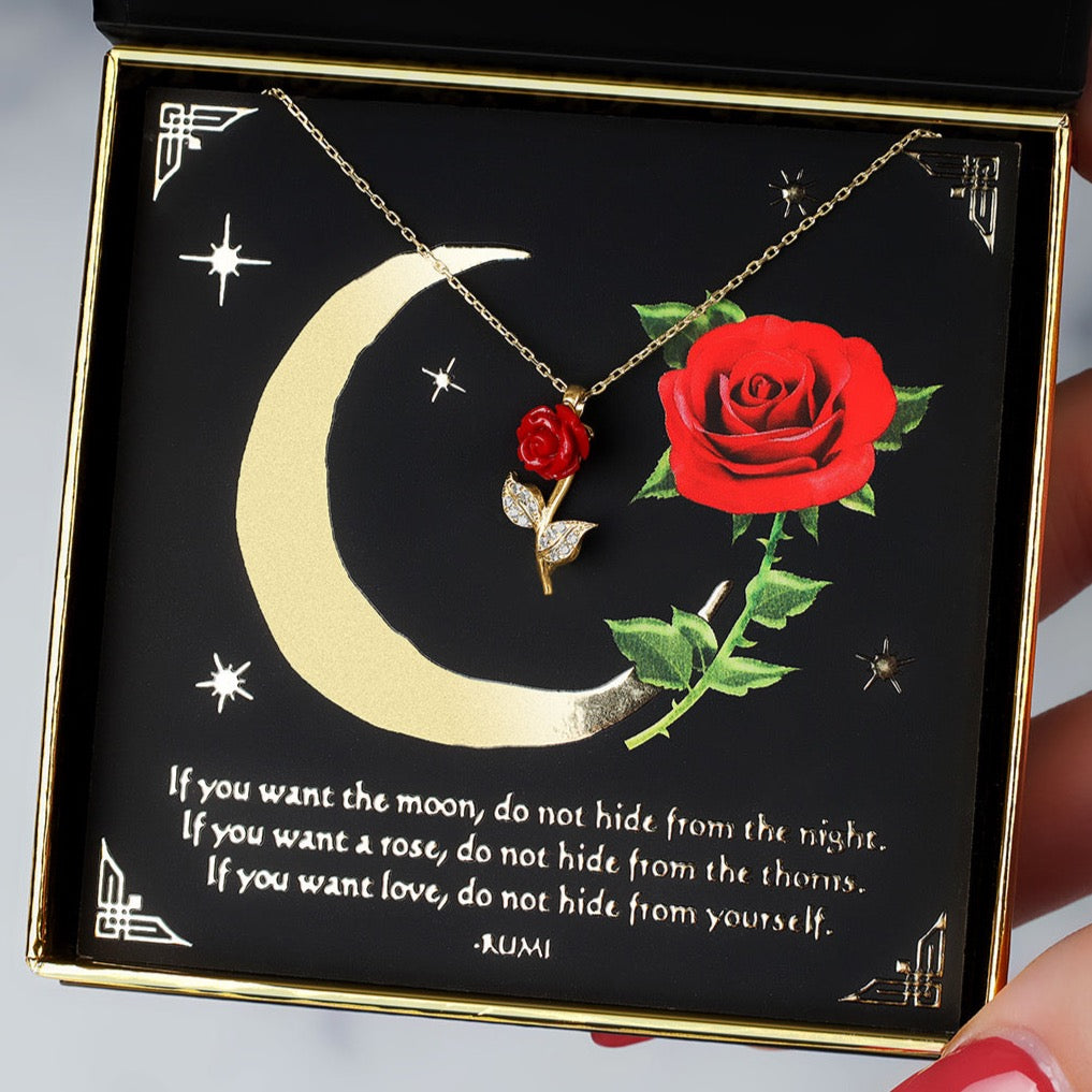 Don't Hide From Thorns (Gold Card) - Red Rose Necklace Gift Set