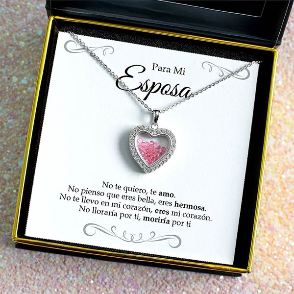 Para Mi Esposa, Te Amo Shimmering Heart Pink Crystal Shaker Necklace Gift Set
