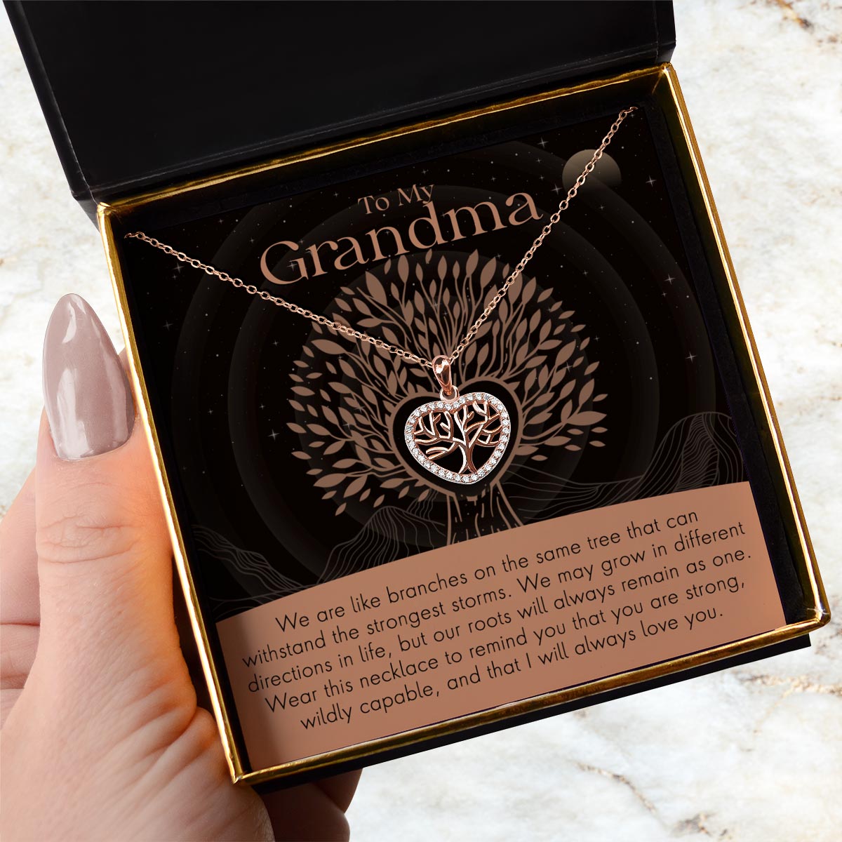 To My Grandma - Strong Roots - Tree of Life Mini Heart Pendant Necklace Gift Set