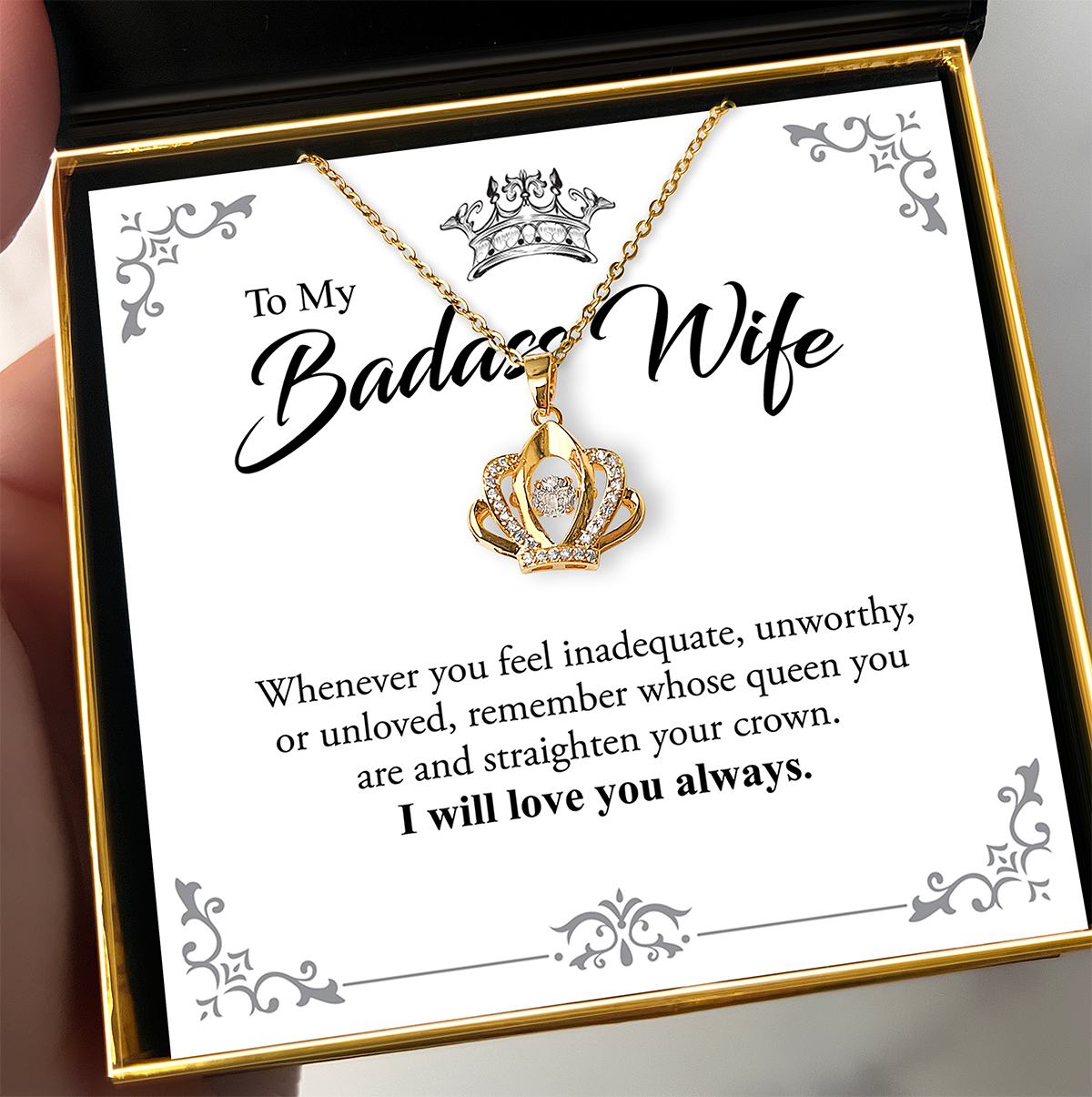 To My Badass Wife - Dancing Crystal Gold Crown Necklace Gift Set