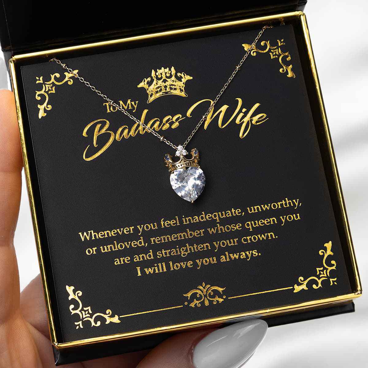 To My Badass Wife (Gold Card) - Crystal Heart Golden Crown Necklace Gift Set