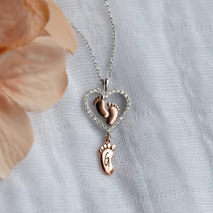 Merry Christmas Mom - Engravable Baby Feet Heart Drop Necklace Gift Set