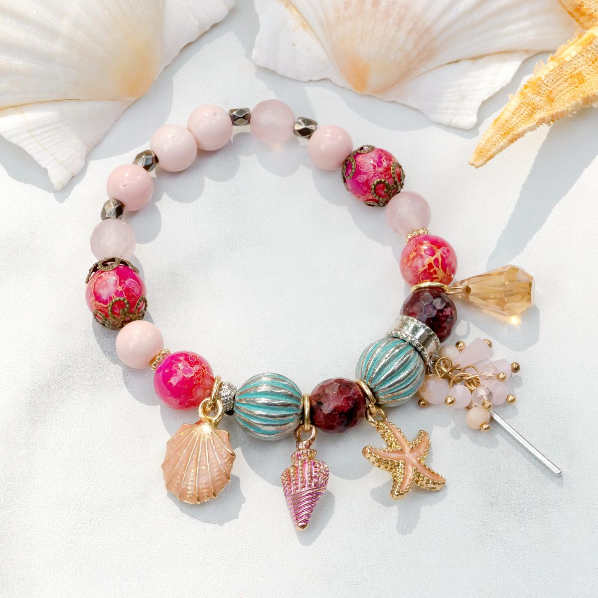 Seaside Summer Beaded Bracelet (Pink, Blue & Green)