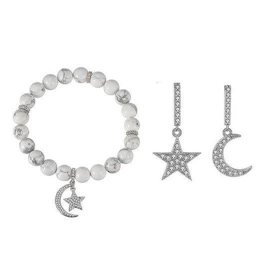 Pave Celestial Moon and Star Bracelet Earring Set