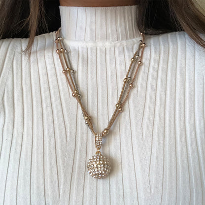 2 Sets of Gold Ball Necklace with Rhinestone Pendant - Necklace