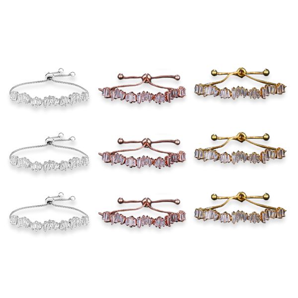 3 Sets of Baguette Crystal Adjustable Bracelet Trio