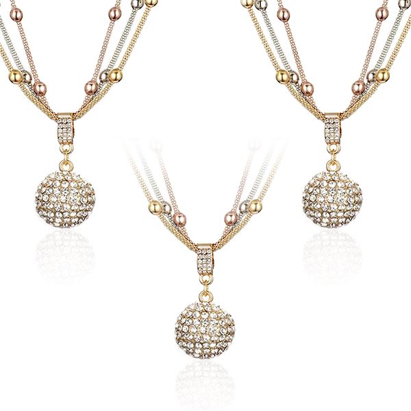 3 Sets of Gold Ball Necklace with Rhinestone Pendant - Necklace