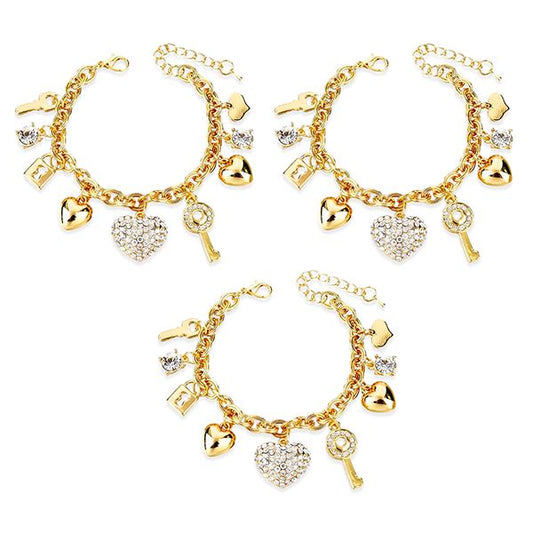 3 Sets of Love Locked Gold Charm Bracelets