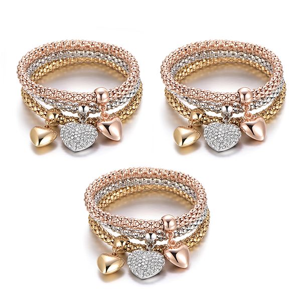 3 Sets of Solid Hearts Charm Bracelet Set