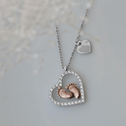MOM Tiny Foot Prints - Baby Feet Heart Pendant Necklace Gift Set