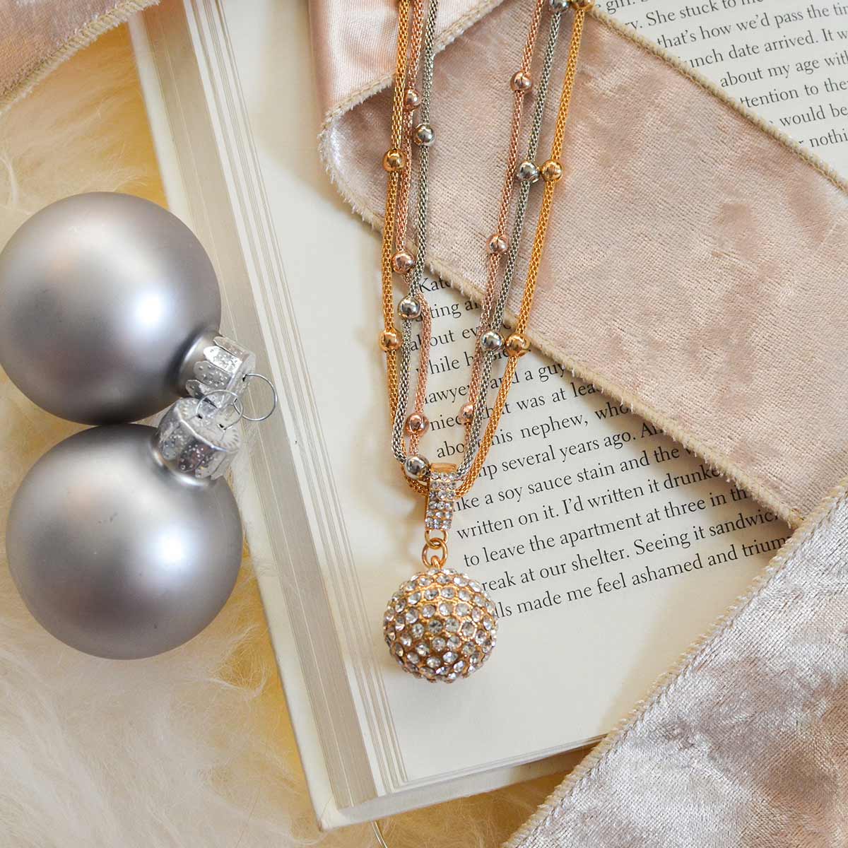 2 Sets of Gold Ball Necklace with Rhinestone Pendant - Necklace