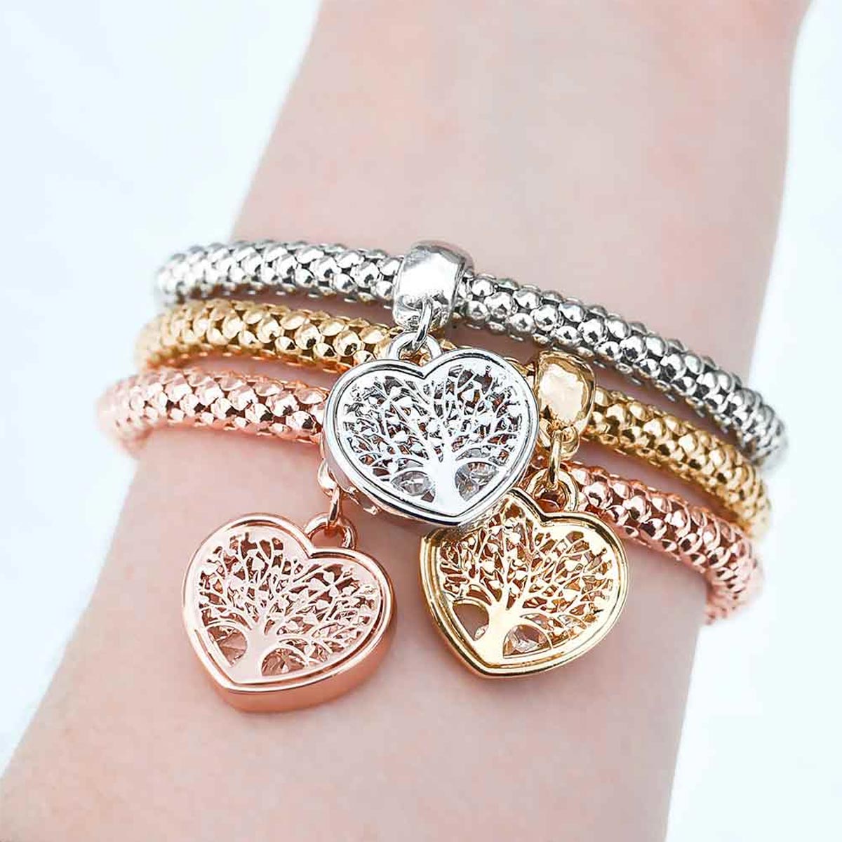 3 Sets Tree of Life Heart Edition Charm Bracelets with Real Austrian Crystals