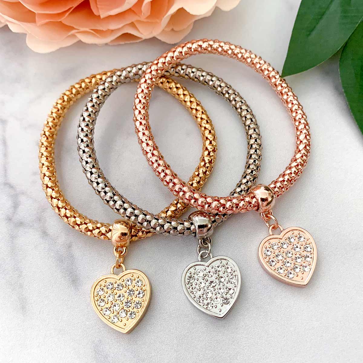 Pave Crystal Heart Charm Bracelets