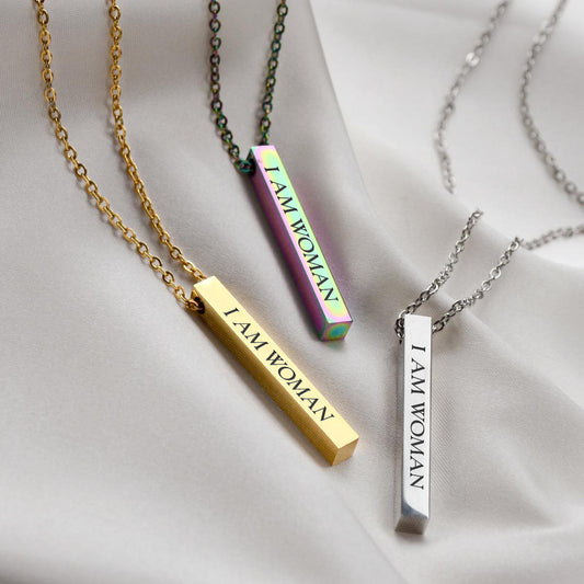 I AM WOMAN - Engraved Vertical Bar Necklace