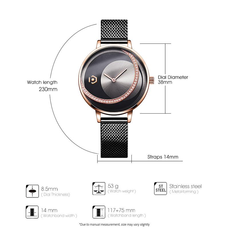 Selene Tri-tone Rose Gold Black Mesh Band Watch