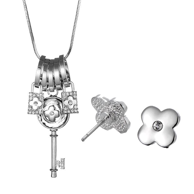 Clover Lock & Key Necklace and Earrings Set