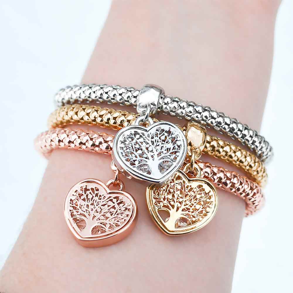 3 Sets of Tree of Life Heart Edition Charm Bracelet with Austrian Crystals