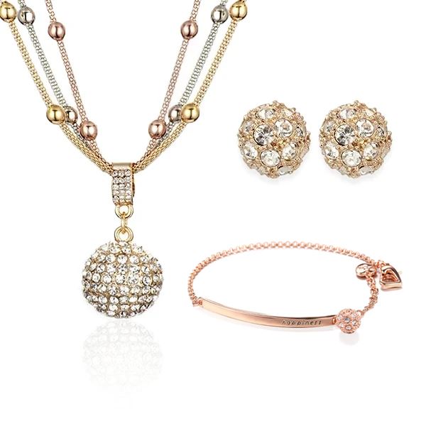 Gold Ball Necklace with Rhinestone Pendant, Happiness Earrings & Bracelet