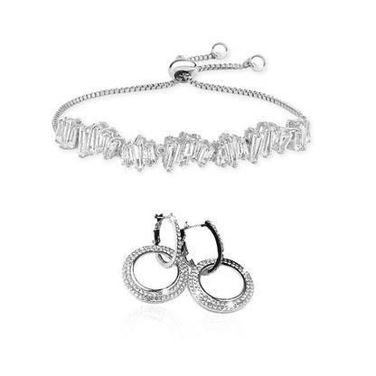 Hollywood Hoops Crystal Double Hoop Earrings & Baguette Adjustable Bracelet