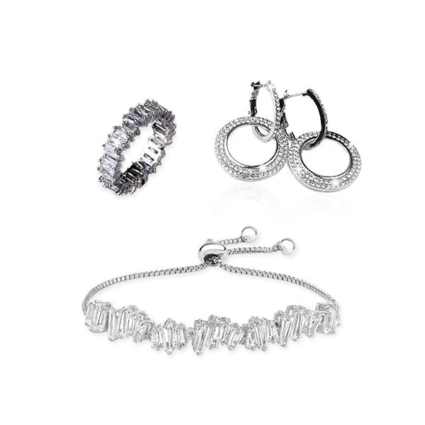 Hollywood Hoops Crystal Double Hoop Earrings, Baguette Ring and Adjustable Bracelet