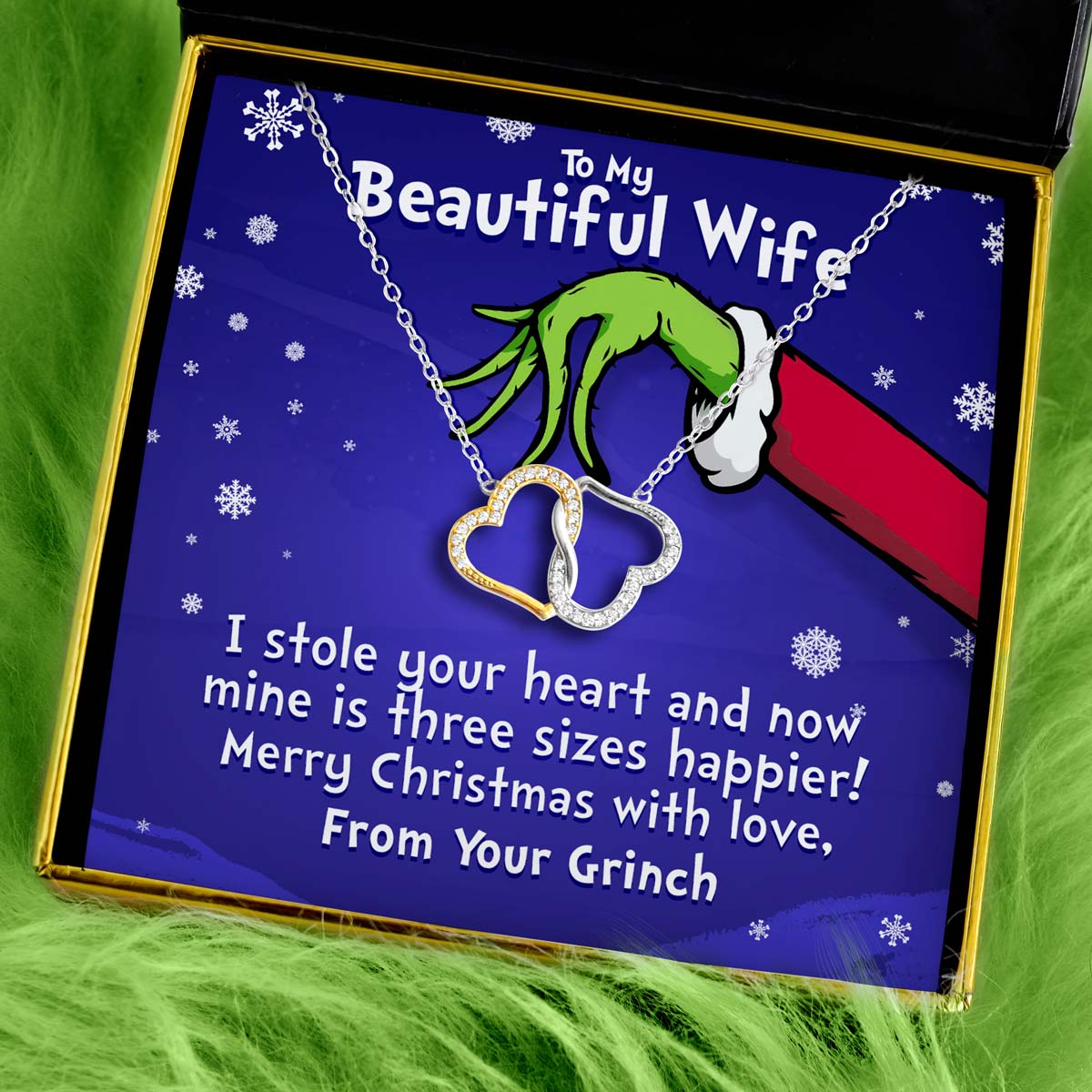 To My Wife, From Your Grinch - Joined Hearts Two Tone Silver Necklace Gift Set