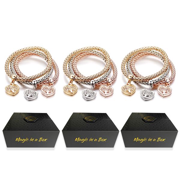 Magic in a Box - 3 Tree of Life Heart Edition Charm Bracelets Gift Set