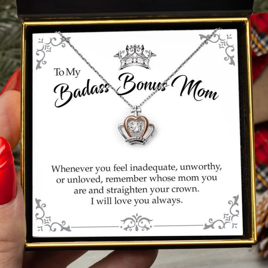 To My Badass Bonus Mom - Luxe Crown Necklace Gift Set