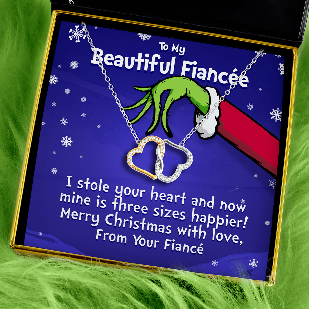 To My Beautiful Fiancée (Holiday Card) - Joined Hearts Two Tone Silver Necklace Gift Set