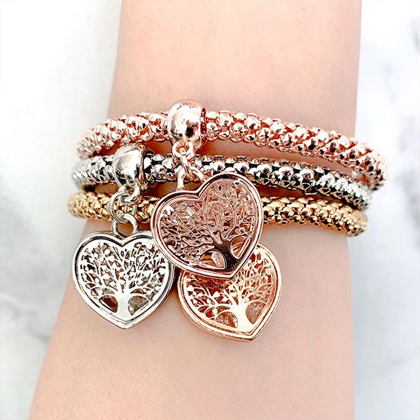 3 Sets of Tree of Life Heart Edition Charm Bracelet with Austrian Crystals