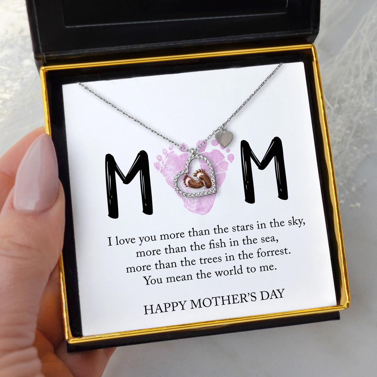 MOM Tiny Foot Prints - Baby Feet Heart Pendant Necklace Gift Set
