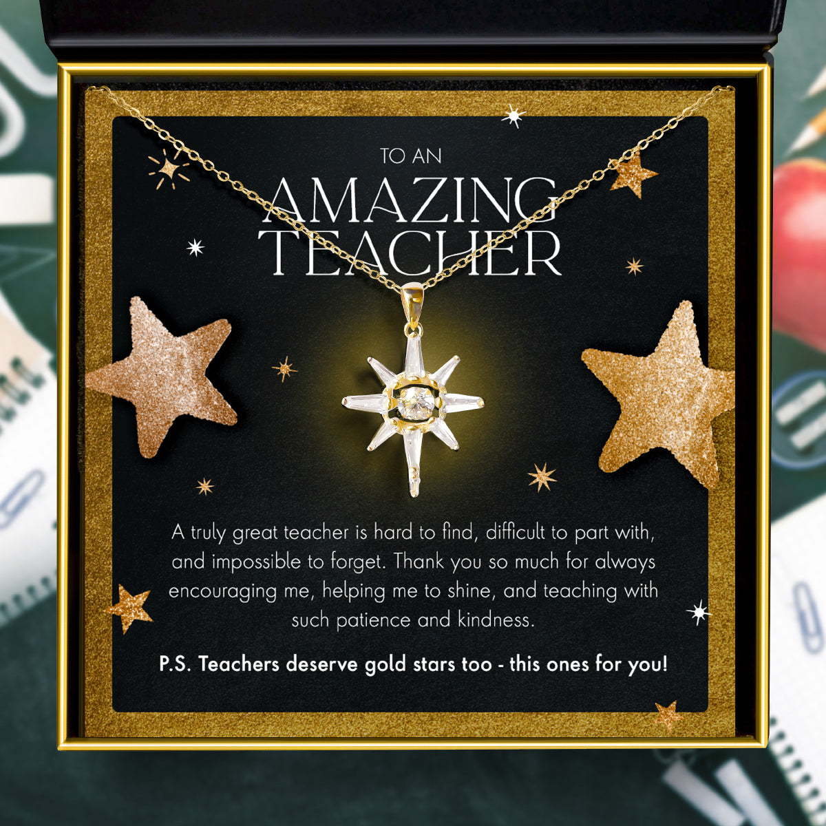 To An Amazing Teacher, Truly Great - Dancing Crystal Gold Star Pendant Necklace Gift Set