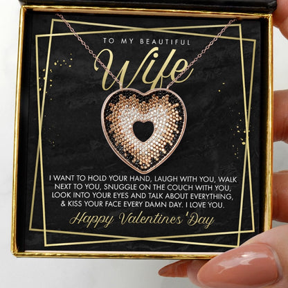 To My Wife, I Want to Hold Your Hand (Gold Card) - Black Crystal Heart Necklace Gift Set