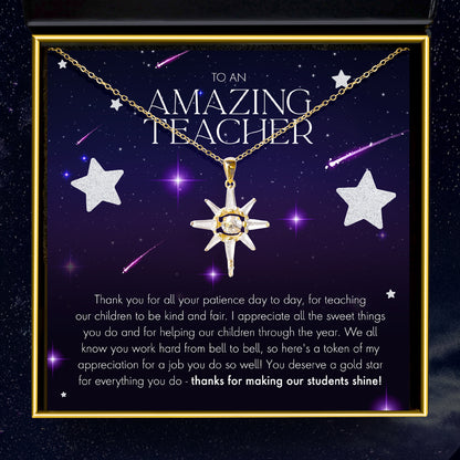 To An Amazing Teacher, Thank You - Dancing Crystal Gold Star Necklace Gift Set